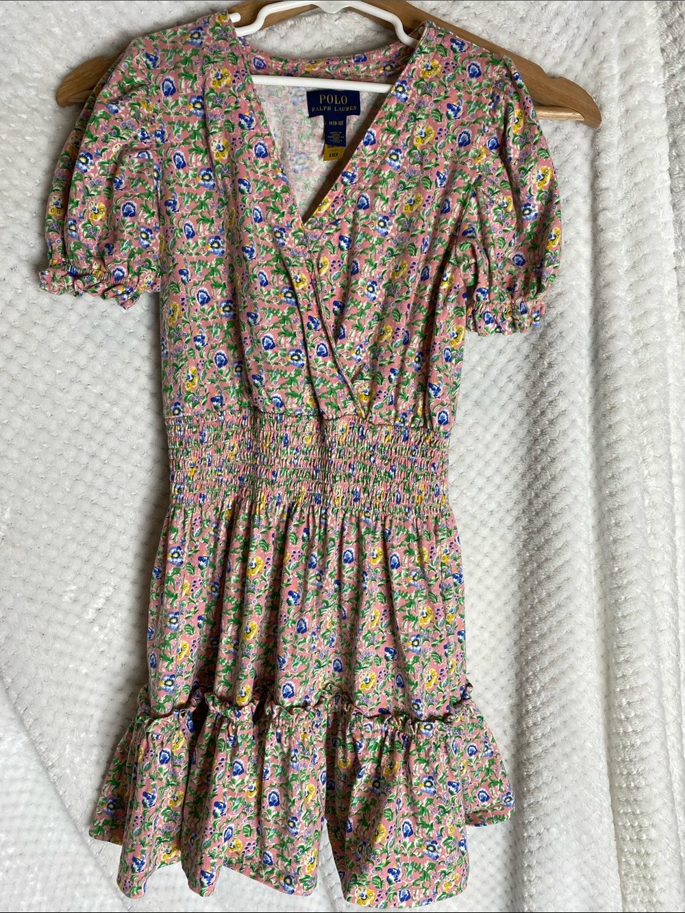 Polo by Ralph Lauren Pink Floral V‑Neck Knit Smocked Waist Dress